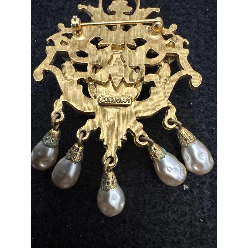 Coro Craft Rare Victorian Revival 1940's Gold Tone Brooch Faux Amethyst Baroque - Picture 7 of 9